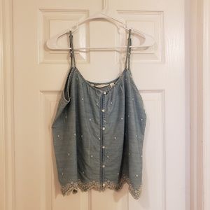 Lauren Conrad denim-like tank with cream applique